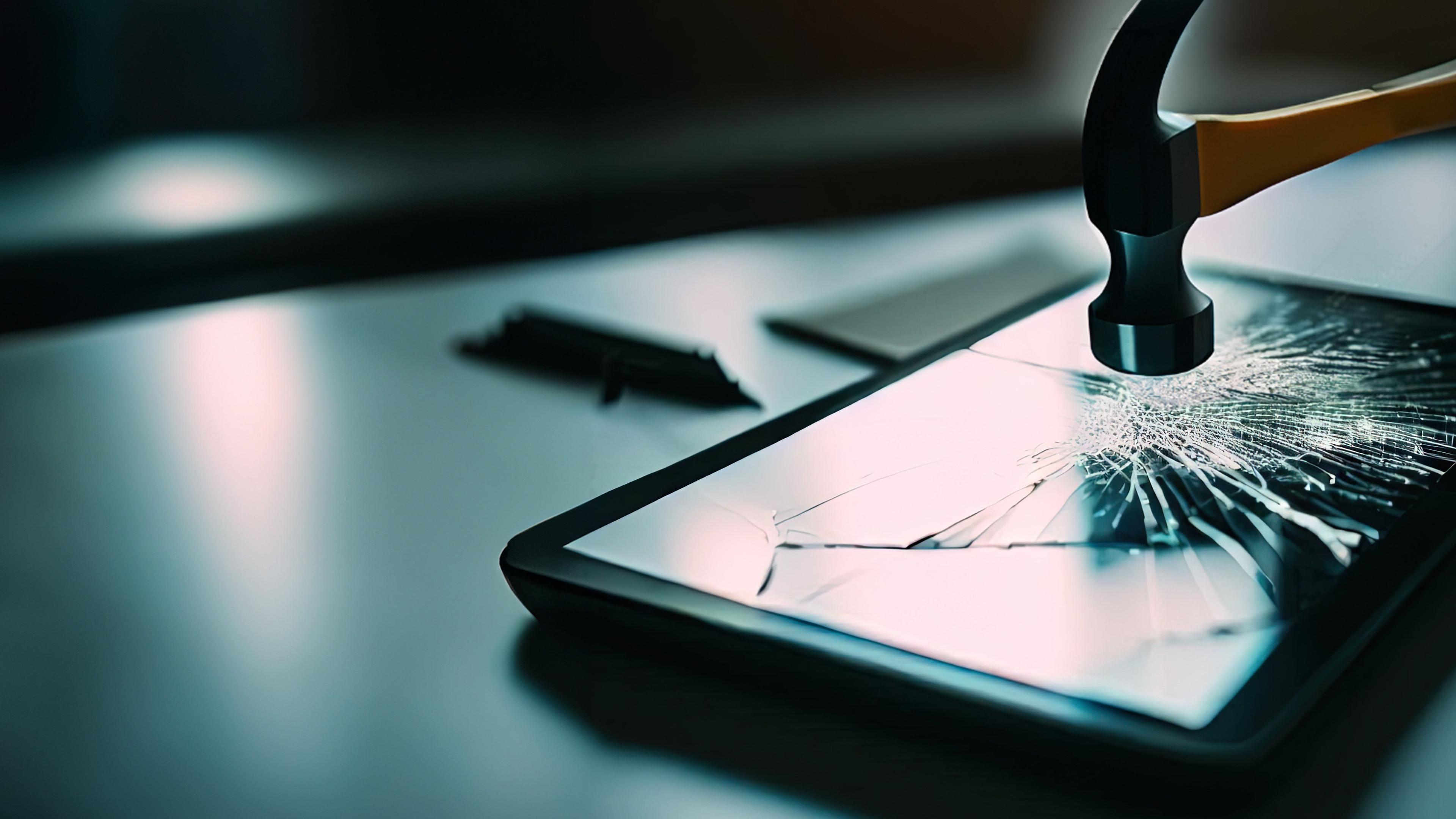 A hammer damaging a screen of a tablet.