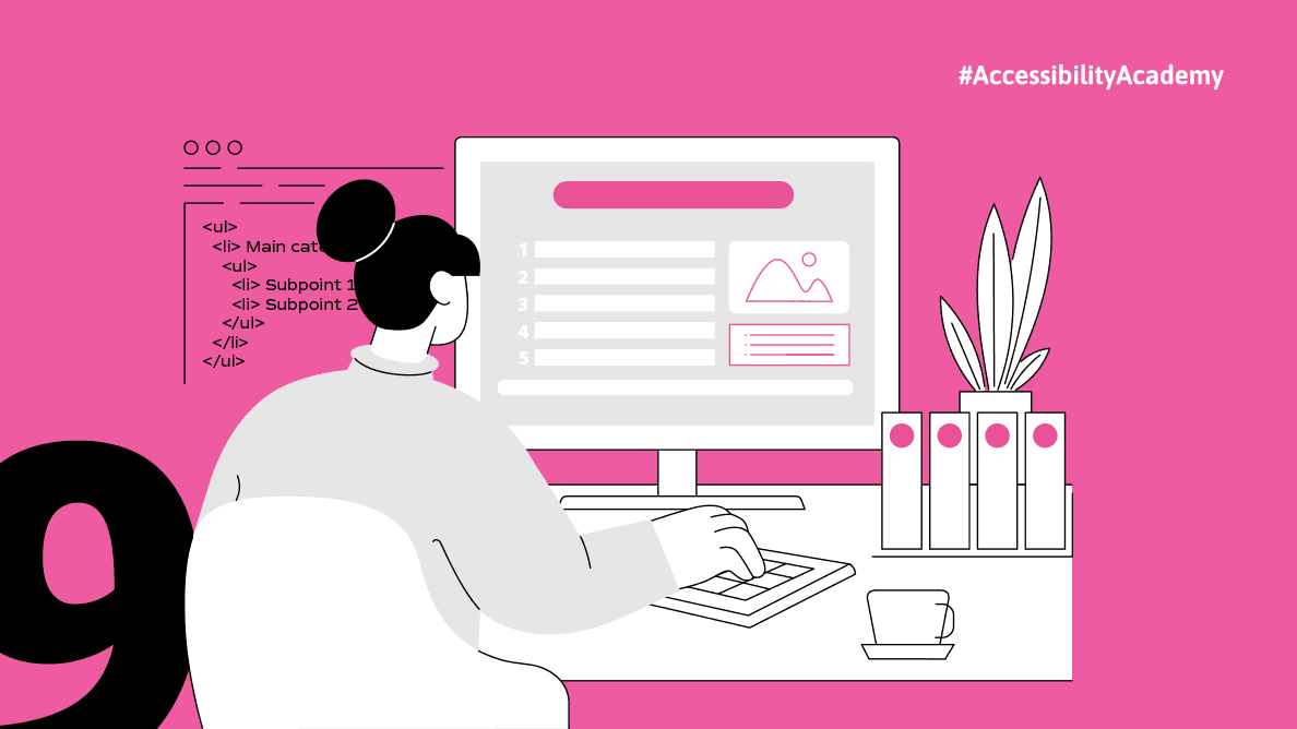 A woman with dark hair in a bun, sitting at a desk, working on a computer. The screen displays a numbered list and an image placeholder. To her left, there is a snippet of HTML code showing a nested list structure.