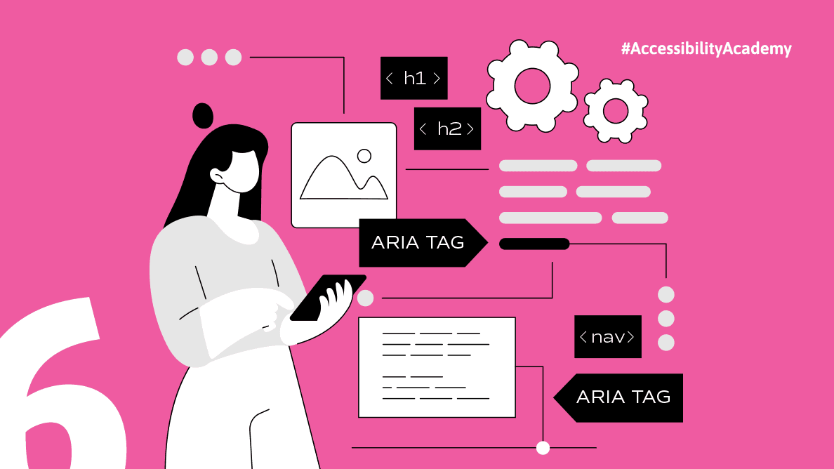 An illustration of a woman holding a tablet, surrounded by HTML icons (e.g., <h1>, <nav>), ARIA tags, and technology-related symbols.