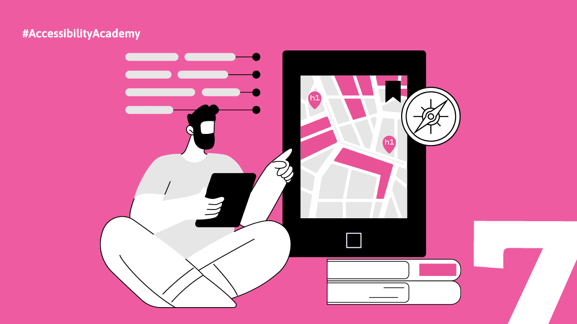 A man with a beard is sitting cross-legged while holding a tablet. Next to him is a large e-reader screen displaying a simplified map with markers labeled 'h1' and a compass icon. Books and digital interface elements surround the scene, emphasizing the theme of accessibility in digital reading.