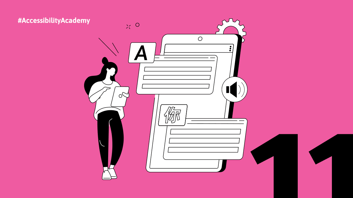 A woman is holding a tablet, and next to her, a large tablet screen displays text elements in different languages, including the letter "A" and a Chinese character. The image highlights how screen readers interpret and read multilingual content in ebooks, ensuring correct pronunciation and language switching.