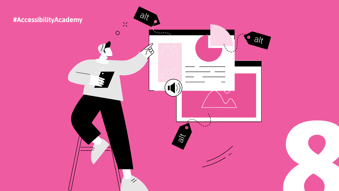 A person holding a tablet, and pointing at a screen displaying images and text. Several "alt" tags are floating around the images, and a speaker icon suggests audio narration.