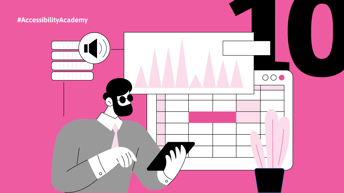 A blind man wearing dark glasses, holding a tablet. In the background, a screen displays a table and a line graph. A sound icon is visible in the upper left corner.