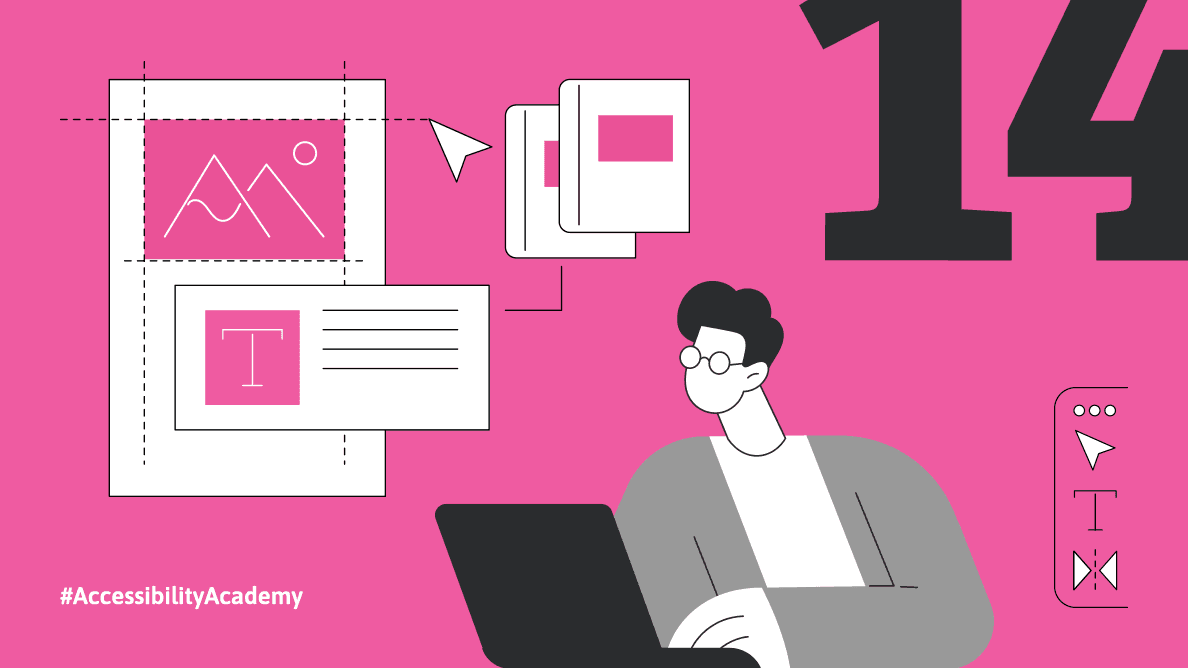 Illustration of a person working on a laptop, with icons representing page layout, images, and text, indicating the topic of digital book design.