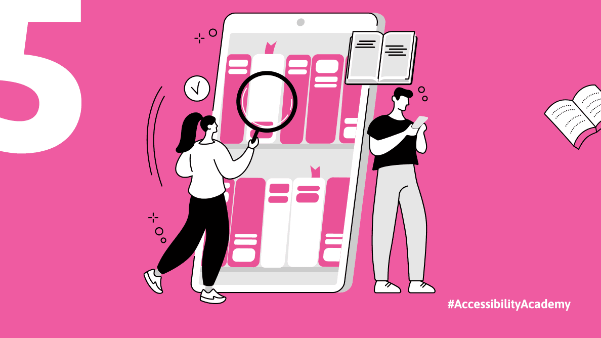 Illustration on a pink background showing a large tablet with books on its screen. A woman holding a magnifying glass examines one of the books, while a man stands to the right, reading from a mobile device.